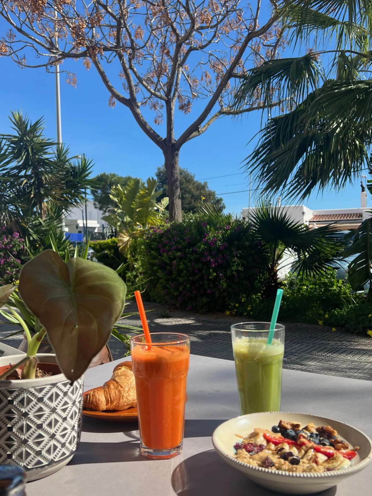 Mesa de terraza con bebidas, bowl de desayuno, croissant y vegetación